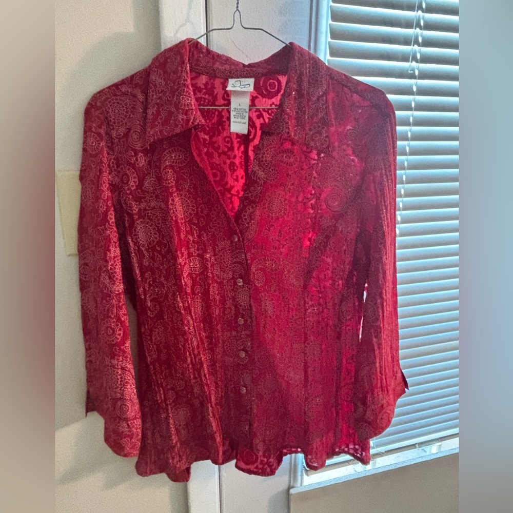 Fashion Bug L Red button-down Top with Sparkled and White Swirly Pictures